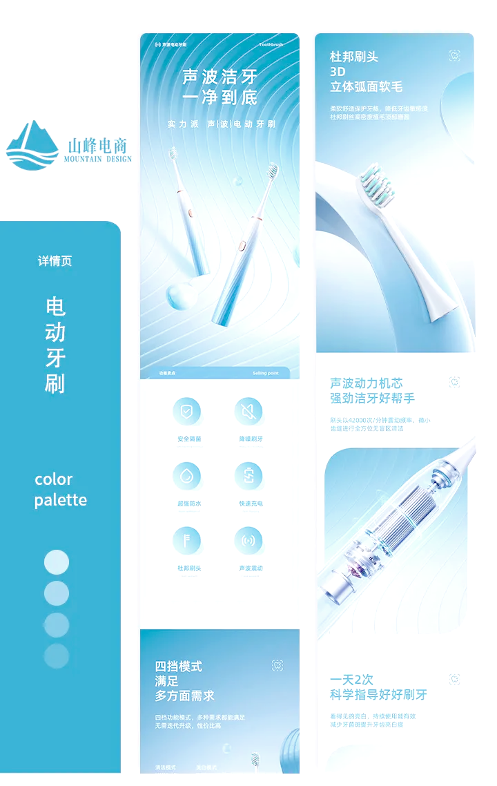 电动牙刷+震动+喷水+软毛的创新设计案例