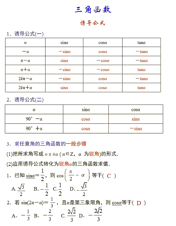 tan诱导公式表