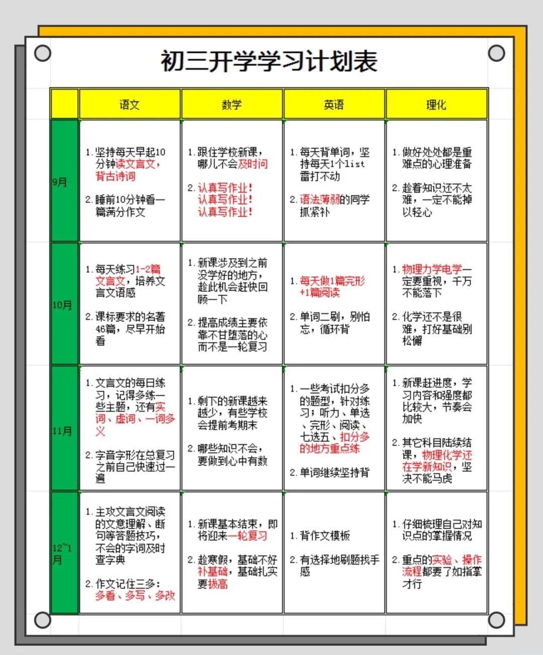 初三计划表模板