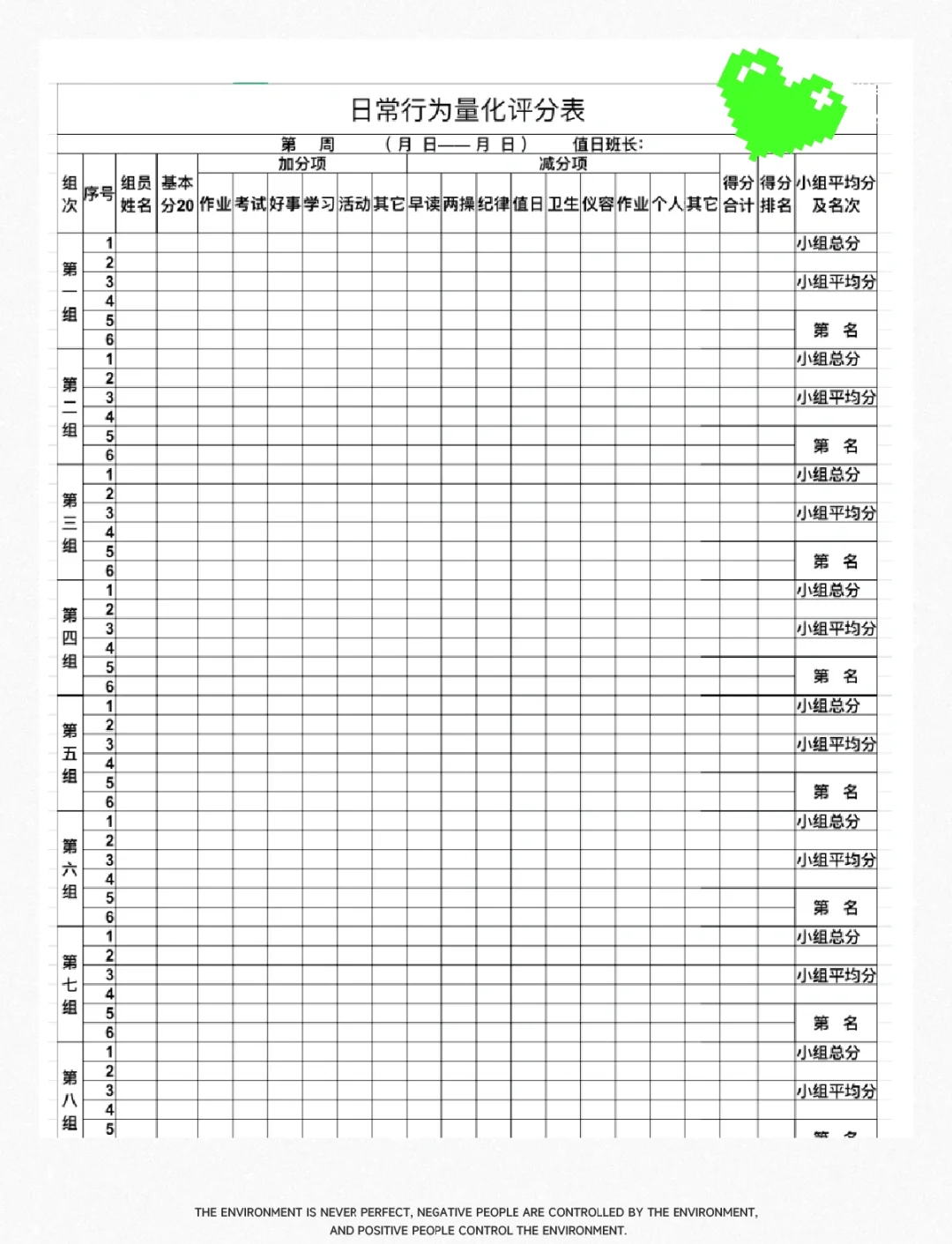 班级量化分管理记录表