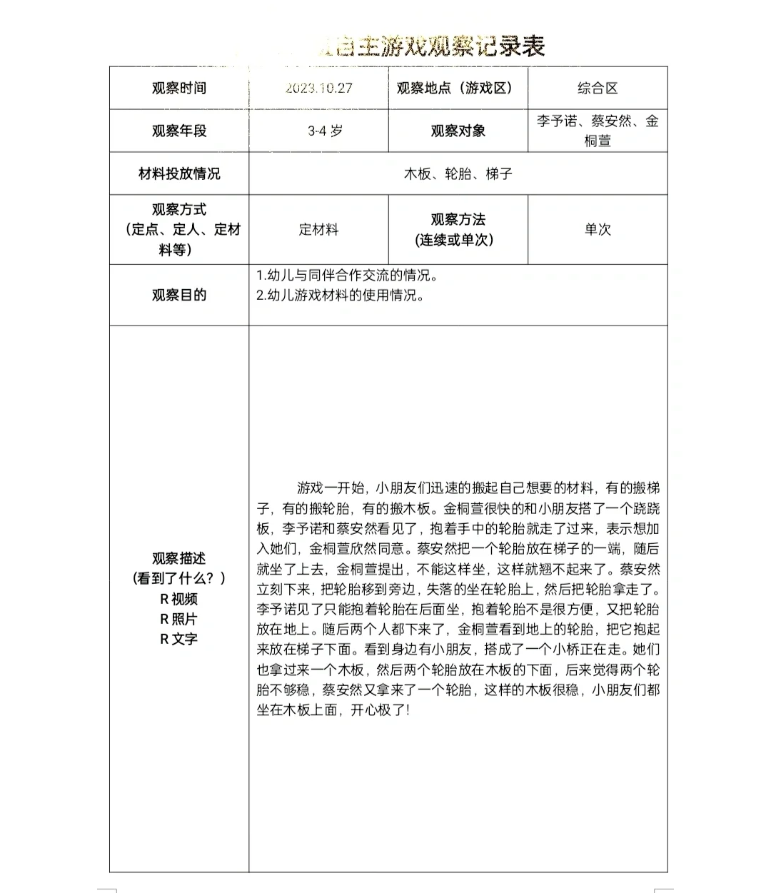 小班角色游戏观察记录情况表(幼儿园小班角色游戏观察记录与分析)