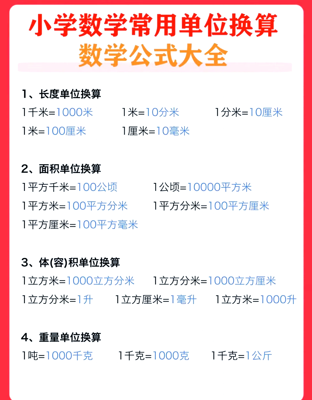 万能公式换算表