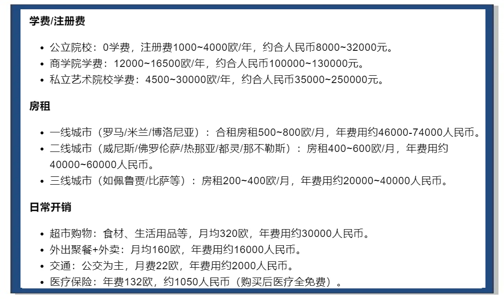 意大利留学一年要多少钱(意大利艺术留学每年多少钱)