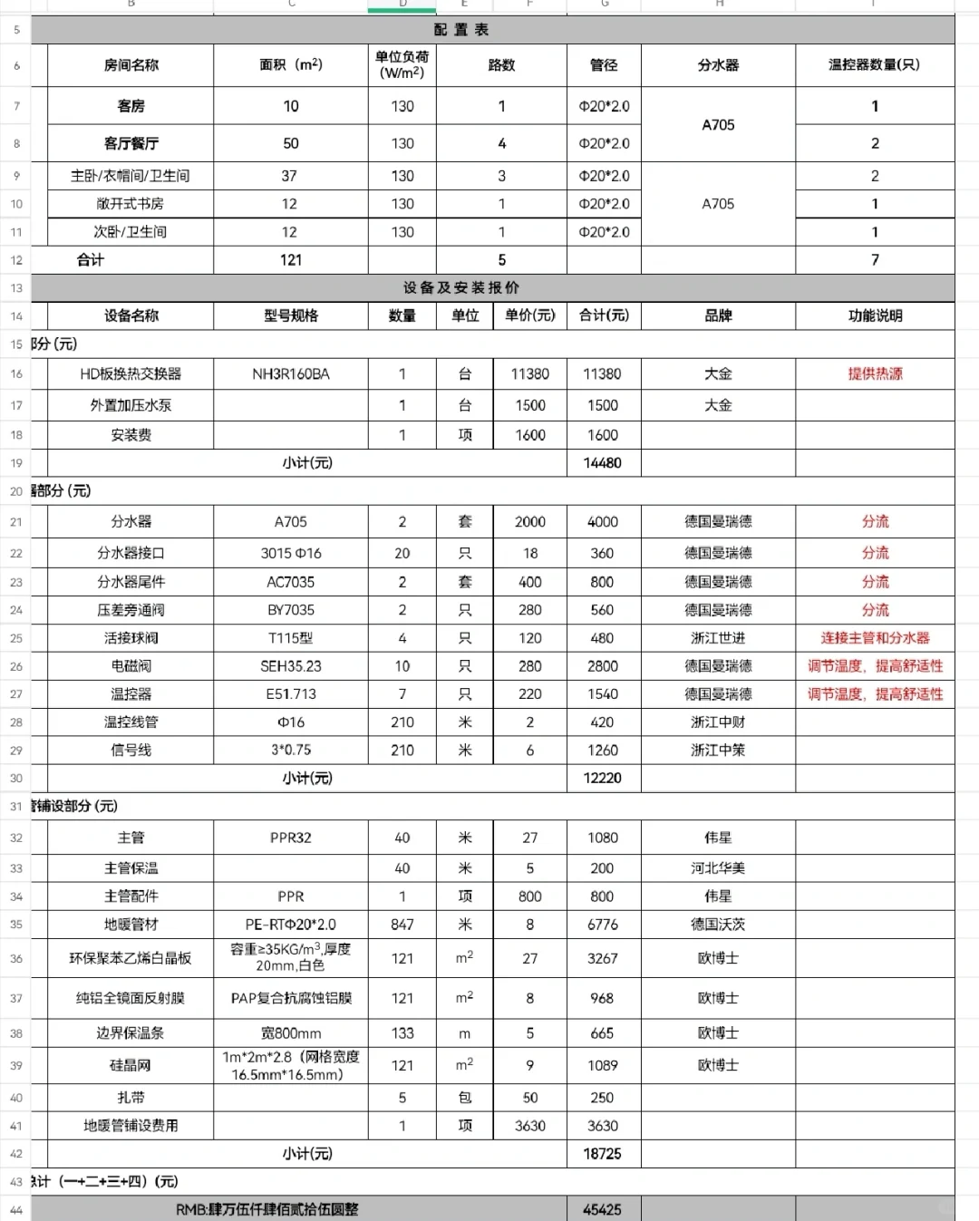 家用新风系统报价清单