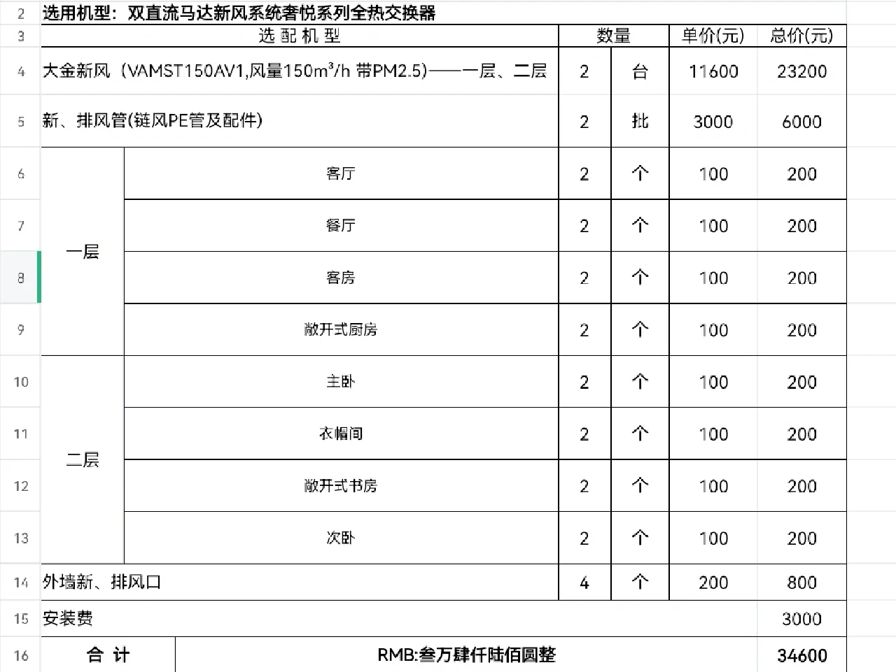 家用新风系统报价清单