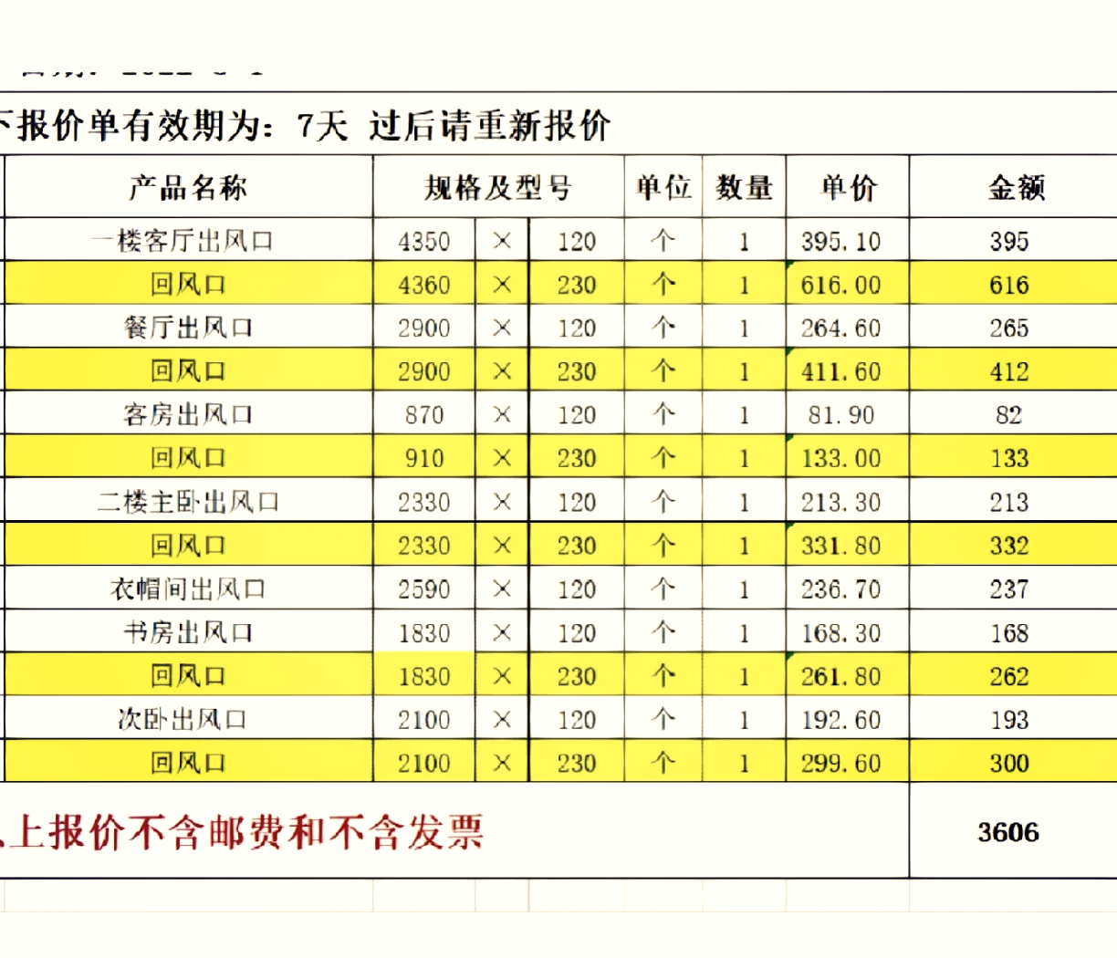 家用新风系统报价清单