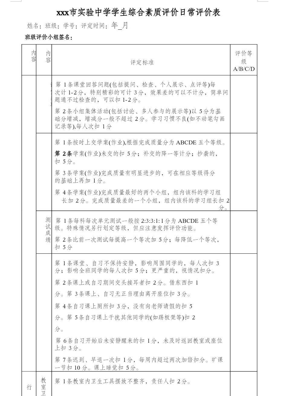 初中生综合素质表填写模板