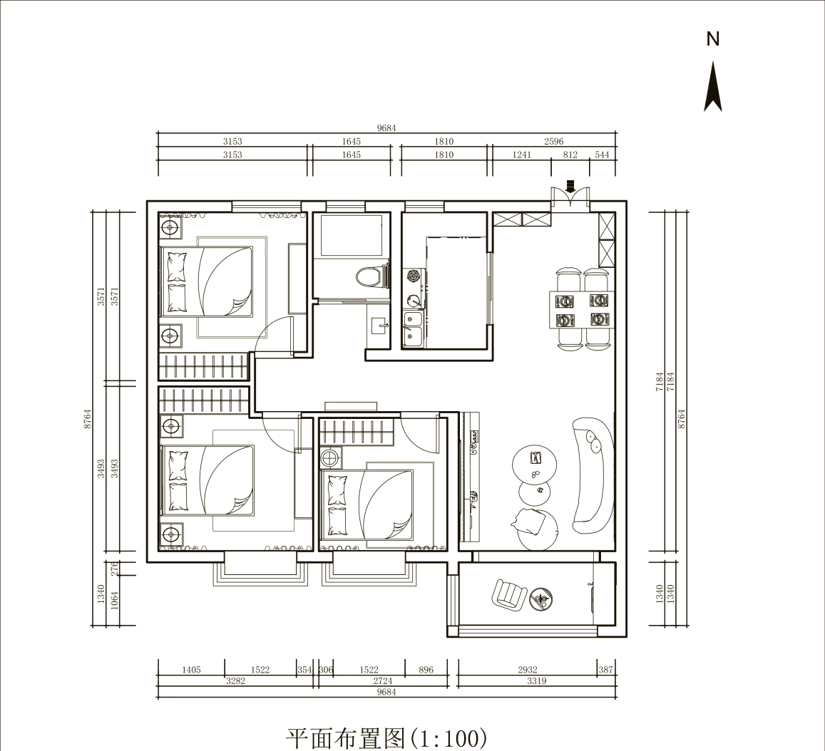 98平米三室一厅设计图图片