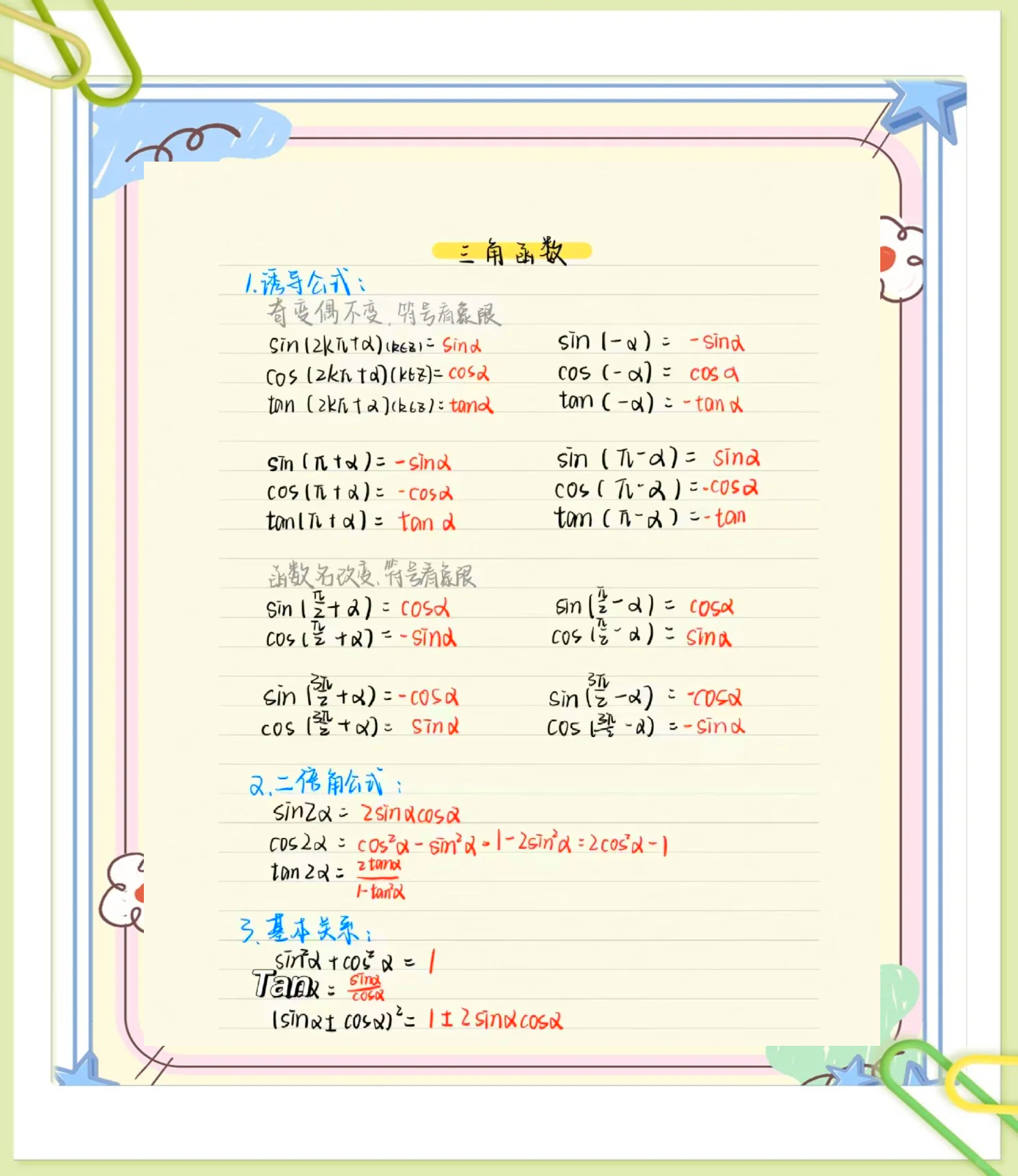 tan cos sin的公式表图片