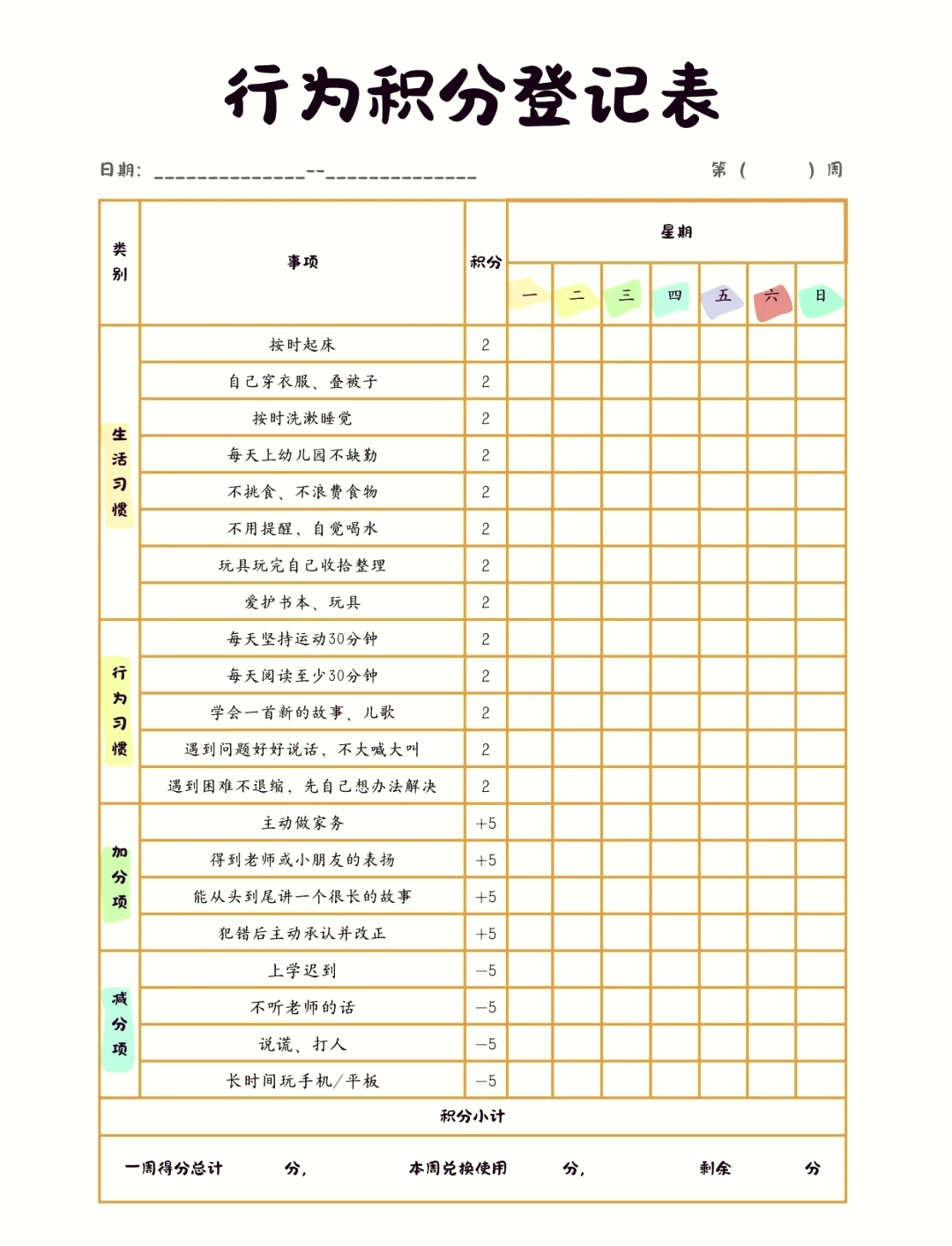 给孩子制定家庭奖罚表图片