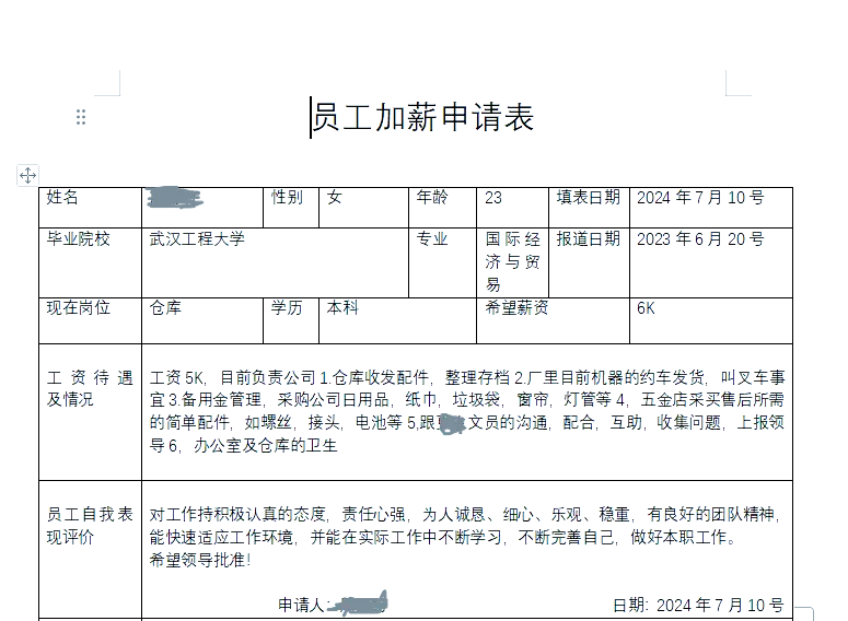 工资申请加薪表格图片