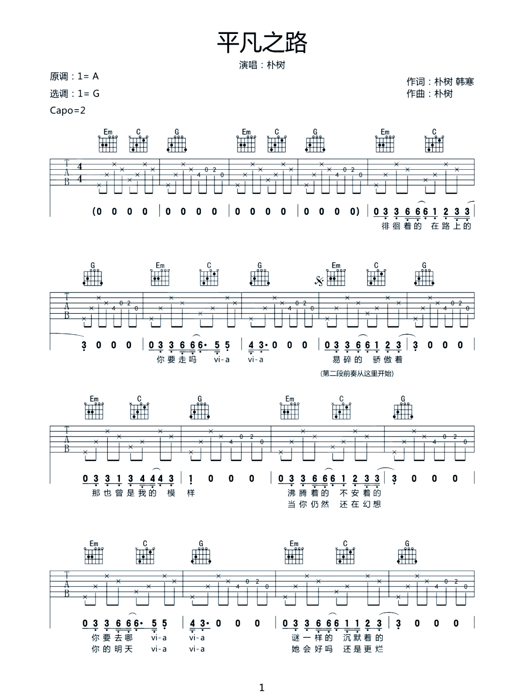 平凡之路吉他简谱简单图片