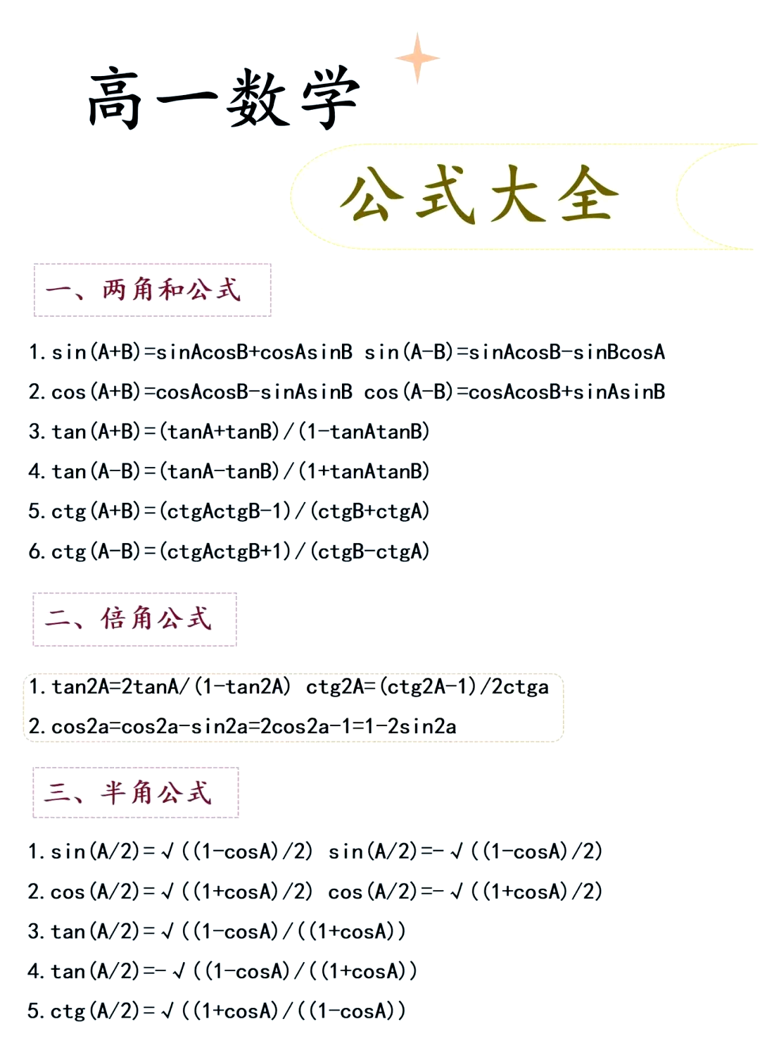 tan cos sin的公式表图片