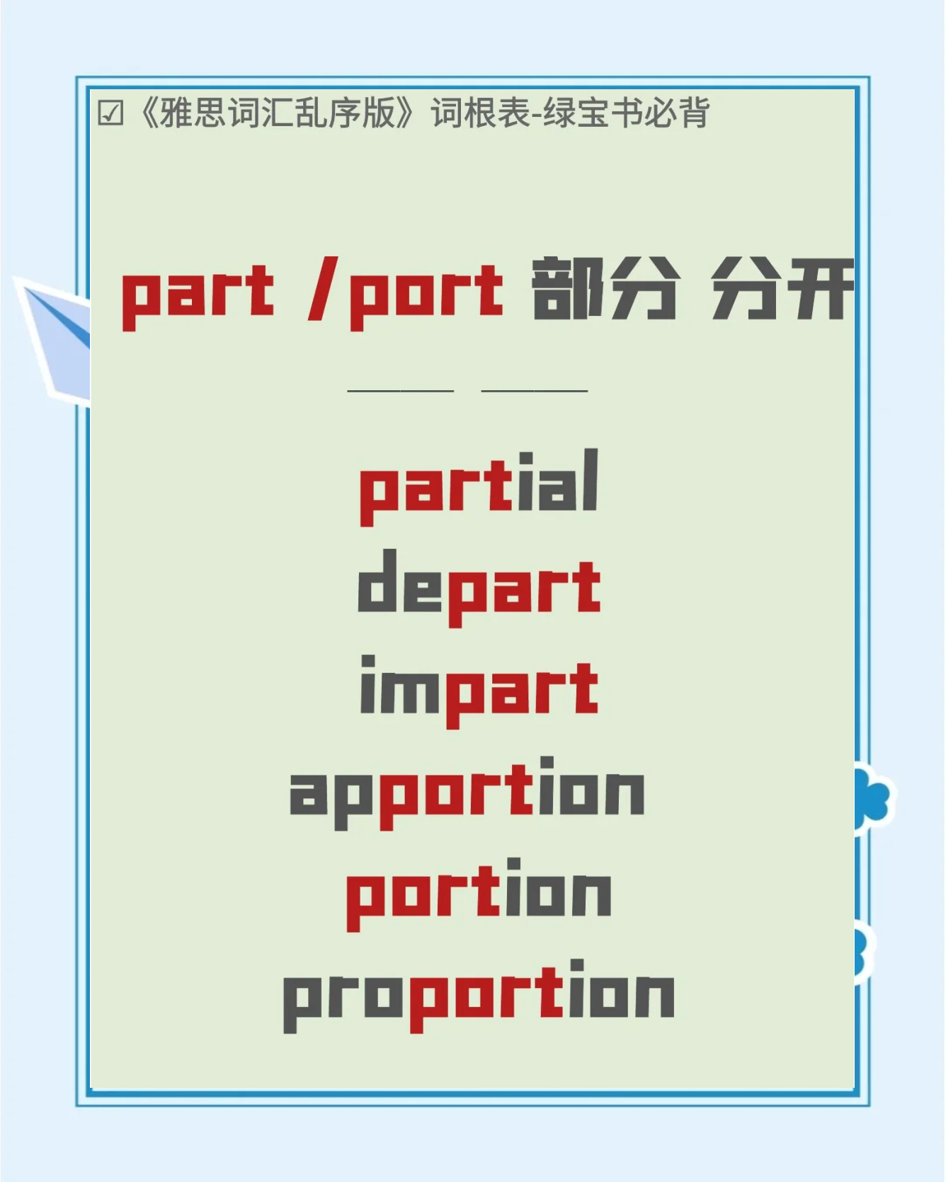 一分钟搞懂词根 part/port