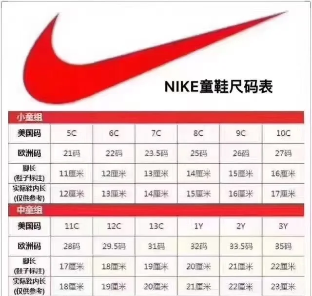 nike脚长对照表图片